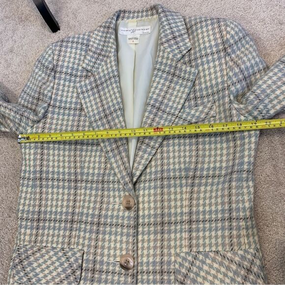 Town & Country plaid check wool blazer Sz 8 cream tan brown blue - Picture 12 of 15